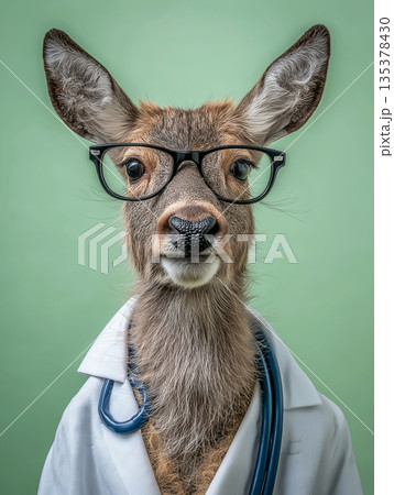 Deer wearing glasses and a lab coat stands in a studio with a green background. Glasses and stethoscope emphasize a veterinary medical theme. 135378430