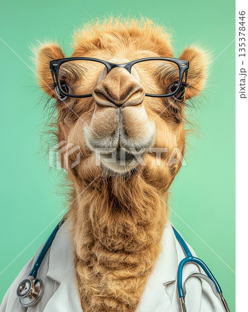 Camel wearing glasses and a white lab coat stands against a green background. A stethoscope rests around its neck. Camel wearing glasses and a white lab coat stands against a green background. A stethoscope rests around its neck. 135378446