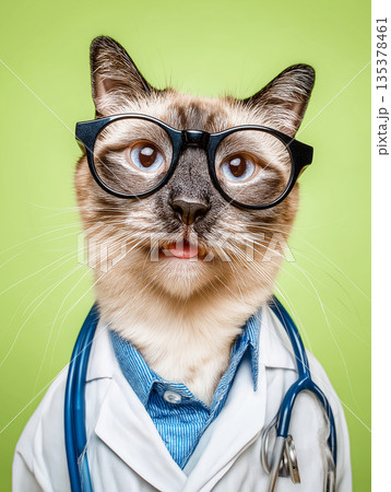 Cat wearing glasses in a lab coat at the clinic. A stethoscope and blue shirt complete the medical look. 135378461