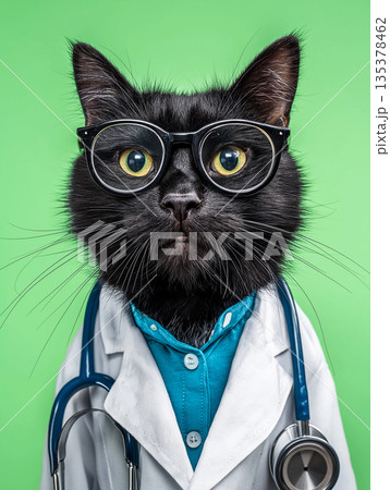 Black cat wearing glasses poses as a veterinarian in a studio. A lab coat, teal shirt and stethoscope emphasize a playful medical theme. Black cat wearing glasses poses as a veterinarian in a studio. A lab coat, teal shirt and stethoscope emphasize a playful medical theme. 135378462