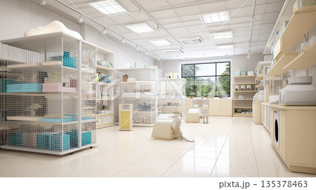 Two white dogs explore a pet store. Daylight fills the space. 135378463