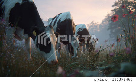 Holstein cows graze in a sunlit pasture. Dawn light casts a glow over flowers and cattle. 135378469
