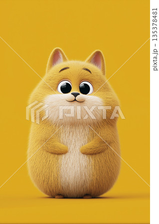 Fluffy orange animal stands with tiny paws against a yellow background. Big round eyes and a tiny smile express friendliness. Fluffy orange animal stands with tiny paws against a yellow background. Big round eyes and a tiny smile express friendliness. 135378481