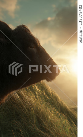 Cow gazes over a grassy hillside at sunset. Sunset light bathes the grazing cow. Cow gazes over a grassy hillside at sunset. Sunset light bathes the grazing cow. 135378482