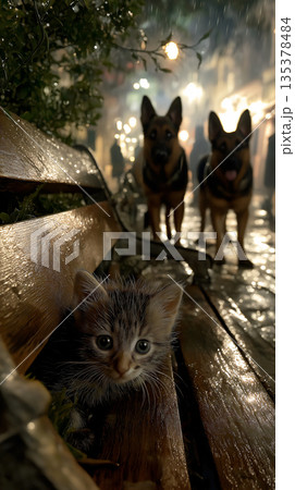 kitten and German Shepherds explore a rainy city street. Wet wooden boards and glowing streetlights create a moody night scene. 135378484