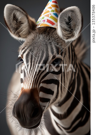 Zebra wearing a party hat in a studio. Colorful party hat adds festive mood. 135378486