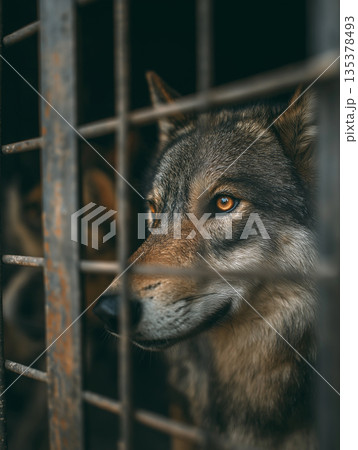 wolf looks out through a cage at a kennel. amber eye gazes from rusty bars in dim light. 135378493