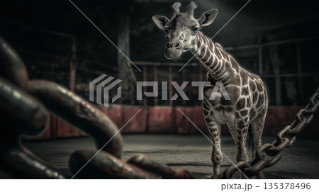 Giraffe stands in a dimly lit zoo enclosure. Chains loom in the foreground. Giraffe stands in a dimly lit zoo enclosure. Chains loom in the foreground. 135378496