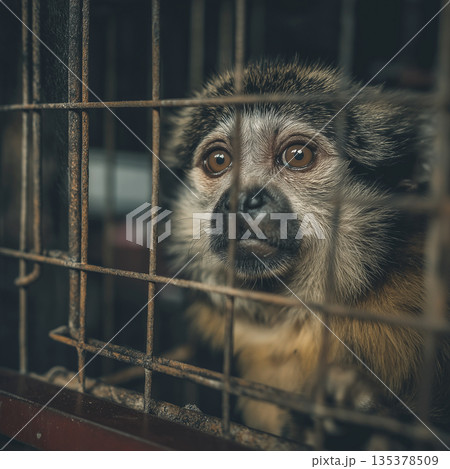 A small monkey peers through rusty cage bars. Its wide eyes reflect confinement. 135378509