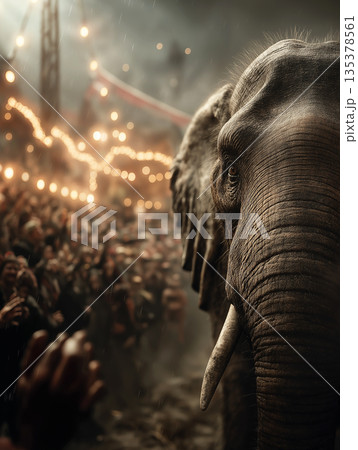 Elephant walks through a crowded festival street under string lights. Rain falls as warm lights glow and a festive crowd watches. 135378561