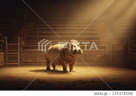 Hippo stands in an arena under a warm spotlight. Spotlight bathes the arena in amber light. Hippo stands in an arena under a warm spotlight. Spotlight bathes the arena in amber light. 135378589