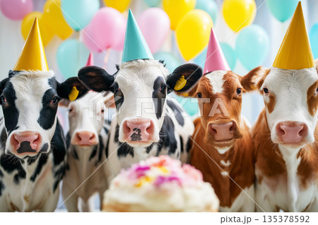 Cows wearing party hats celebrate in a barn. Festive balloons and a cake emphasize a birthday party vibe. Cows wearing party hats celebrate in a barn. Festive balloons and a cake emphasize a birthday party vibe. 135378592
