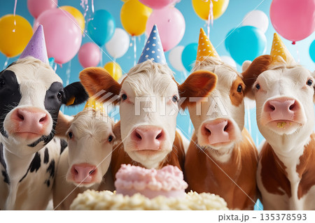Cows wearing party hats celebrate a birthday in a bright party room. Colorful balloons and cake add festive mood. Cows wearing party hats celebrate a birthday in a bright party room. Colorful balloons and cake add festive mood. 135378593