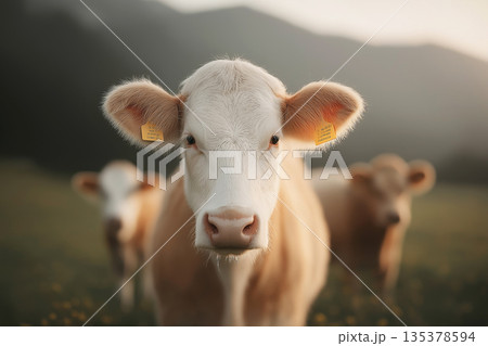 White cow stands in a sunlit pasture. Yellow ear tags are visible on the cows. 135378594