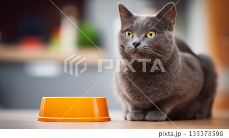 Gray cat crouches beside an orange bowl in the kitchen. The orange bowl on the counter adds color to a cozy kitchen. 135378598