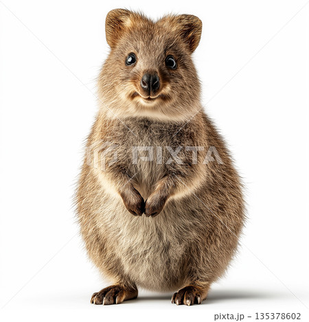 Quokka stands upright on a white background. Studio lighting highlights its cute expression. Quokka stands upright on a white background. Studio lighting highlights its cute expression. 135378602