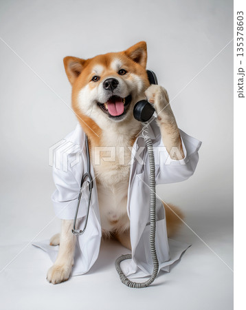Shiba Inu wearing a white lab coat talks on a phone in a studio. Bright studio lighting highlights a cheerful veterinary scene. 135378603