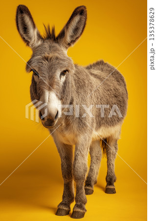 Donkey stands against a yellow studio backdrop. Studio lighting creates a warm, bold portrait. 135378629