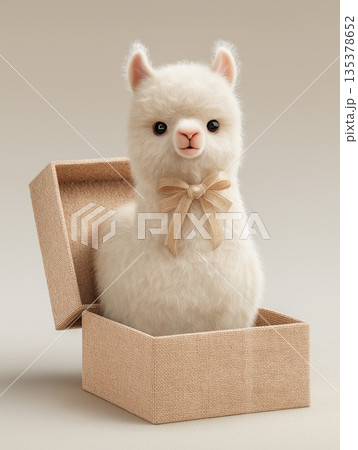 White fluffy kitten in a beige gift box sits looking ahead. A peach bow ties the scene with gentle charm. 135378652
