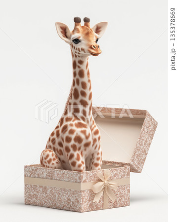 Giraffe calf sits in a gift box. The gift box features a satin bow and floral pattern. Giraffe calf sits in a gift box. The gift box features a satin bow and floral pattern. 135378669