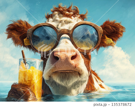 Cow wearing round sunglasses in the sea. A glass of orange juice with a straw is held up beside the cow. Cow wearing round sunglasses in the sea. A glass of orange juice with a straw is held up beside the cow. 135378672