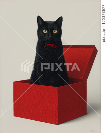Black cat sits in a red gift box. A red bow adds a playful touch. Black cat sits in a red gift box. A red bow adds a playful touch. 135378677