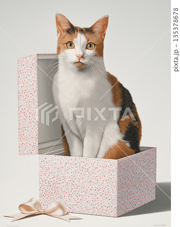 Calico cat sits inside a speckled gift box. The lid is open and a pink ribbon lies nearby. Calico cat sits inside a speckled gift box. The lid is open and a pink ribbon lies nearby. 135378678