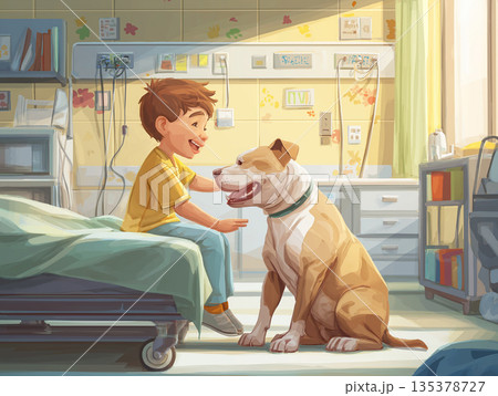 Boy in hospital room smiles as he pets a dog. Sunlight floods the room. Boy in hospital room smiles as he pets a dog. Sunlight floods the room. 135378727