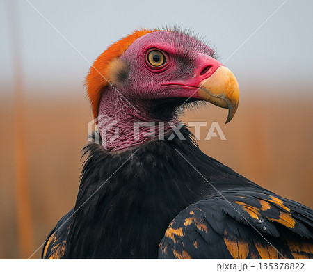 Vulture portrait showcasing colorful feathers and beak in a vibrant wildlife setting 135378822