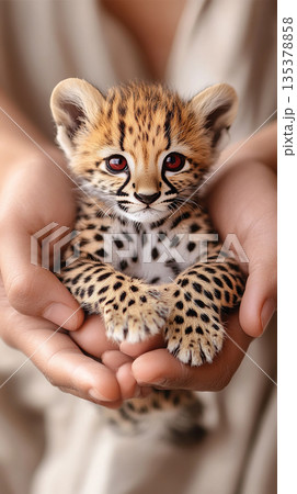 Cheetah cub with spots in wildlife safari: a cute and exotic feline predator in nature 135378858