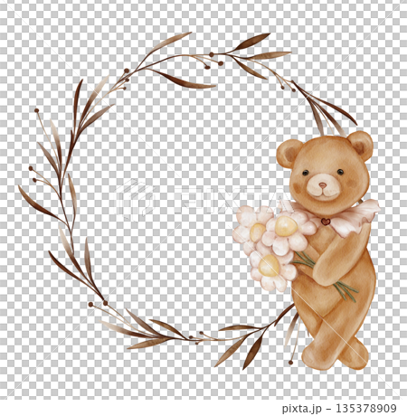 Watercolor round Chaplet with brown Plants and Cute Teddy Bear Holding daisy flowers. Hand drawn illustration circle wreath, with branches and Adorable Valentine bear toy with vintage Jabot. Watercolor round Chaplet with brown Plants and Cute Teddy Bear Holding daisy flowers. Hand drawn illustration circle wreath, with branches and Adorable Valentine bear toy with vintage Jabot. 135378909