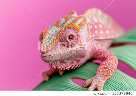 Chameleon reptile with colorful pink skin on a leaf, showcasing exotic nature closeup Chameleon reptile with colorful pink skin on a leaf, showcasing exotic nature closeup 135378946