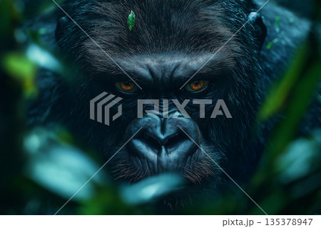 Gorilla in jungle wildlife closeup with intense eyes and leaves, nature and primate habitat Gorilla in jungle wildlife closeup with intense eyes and leaves, nature and primate habitat 135378947