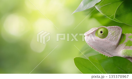 Chameleon reptile in its green natural habitat with camouflage in the jungle 135378967