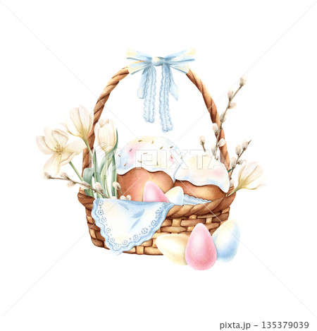 Easter illustration of wicker basket filled with kulich, colorful pysanky eggs, pussy willow branches, and spring tulips. Hanging lace napkin and delicate bow. Symbol of rebirth and bright holiday Easter illustration of wicker basket filled with kulich, colorful pysanky eggs, pussy willow branches, and spring tulips. Hanging lace napkin and delicate bow. Symbol of rebirth and bright holiday 135379039