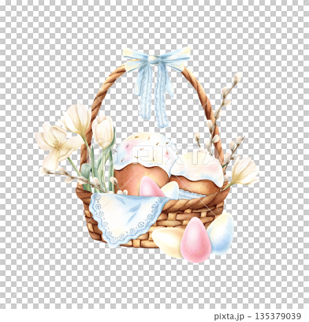 Easter illustration of wicker basket filled with kulich, colorful pysanky eggs, pussy willow branches, and spring tulips. Hanging lace napkin and delicate bow. Symbol of rebirth and bright holiday Easter illustration of wicker basket filled with kulich, colorful pysanky eggs, pussy willow branches, and spring tulips. Hanging lace napkin and delicate bow. Symbol of rebirth and bright holiday 135379039