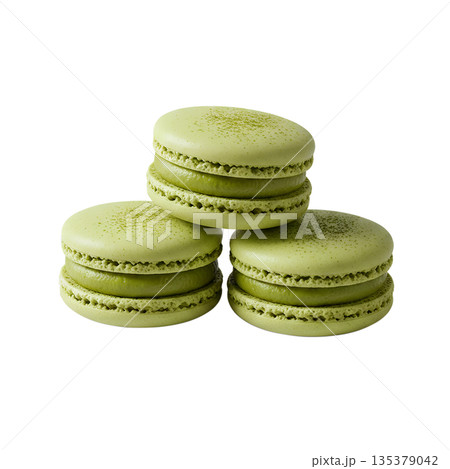 Stack of green matcha macarons with creamy filling, isolated. Represents French patisserie with a Japanese twist 135379042