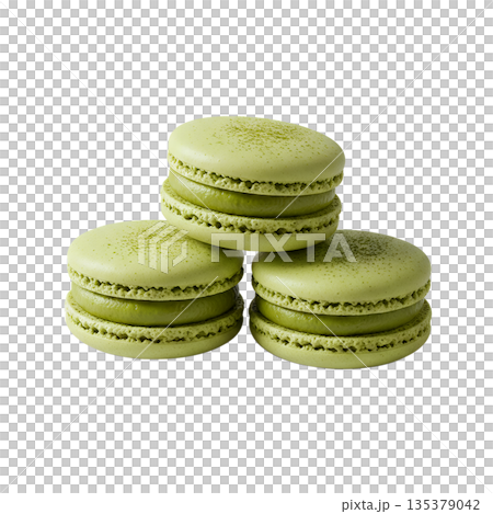Stack of green matcha macarons with creamy filling, isolated. Represents French patisserie with a Japanese twist 135379042