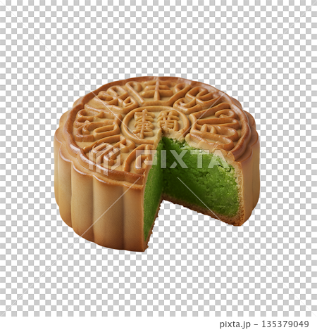 Traditional mooncake with intricate mold design, filled with green tea matcha paste, with slice cut out to show the filling Traditional mooncake with intricate mold design, filled with green tea matcha paste, with slice cut out to show the filling 135379049