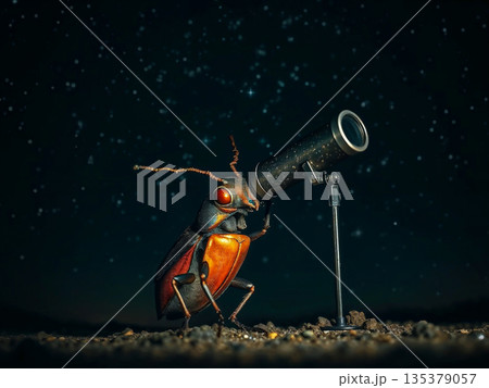 Curious beetle observing the night sky with a telescope. A beetle is positioned on a sandy surface under a starry night sky. It is interacting with a small telescope mounted on a tripod. 135379057