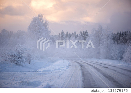 Curving Winter Road Through Frosty Forest and Light Fog in Latvia Curving Winter Road Through Frosty Forest and Light Fog in Latvia 135379176