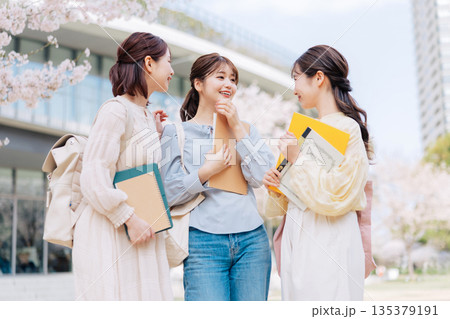 桜のキャンパスで談笑する女子大生3人組 135379191