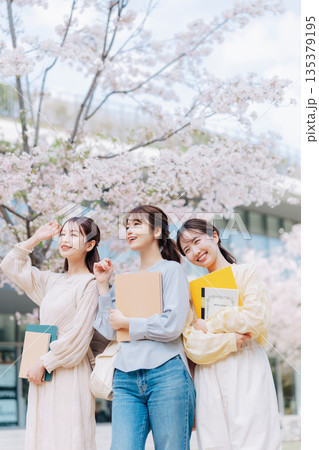 桜のキャンパスを歩く女子大生3人組 桜のキャンパスを歩く女子大生3人組 135379195