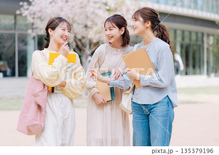 桜のキャンパスで談笑する女子大生3人組 135379196