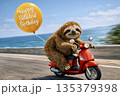 Happy Belated Birthday greeting card with cute sloth riding scooter along seaside road.This image is part of a Happy Belated Birthday series, designed for late birthday greetings 135379398