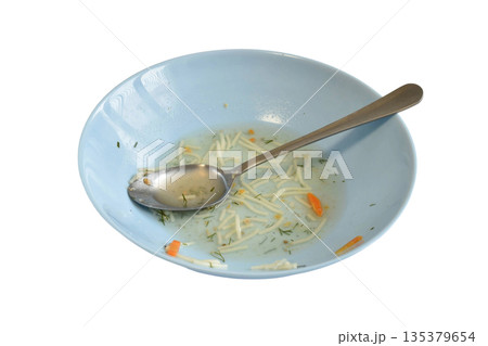 Plate with spoon after dinner. 135379654