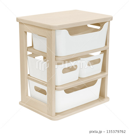 Small wooden shelving unit with pull-out plastic drawers 135379762