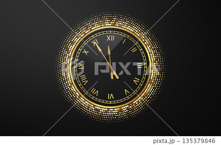 Luxury vintage golden clock showing almost midnight. Roman numeral face on dark background. Symbol of New Year and celebration countdown 135379846