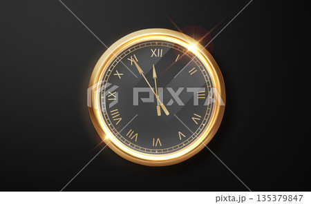 Classic golden clock with roman numerals and midnight time. Luxury New Year design element isolated on dark background. Classic golden clock with roman numerals and midnight time. Luxury New Year design element isolated on dark background. 135379847