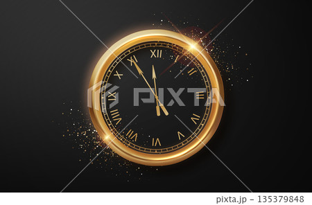 Gold vintage clock face with roman numerals showing midnight. Elegant classic watch on dark background. New Year countdown concept Gold vintage clock face with roman numerals showing midnight. Elegant classic watch on dark background. New Year countdown concept 135379848